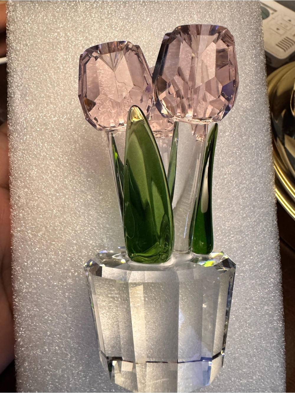 Pink Crystal Tulip Sculpture with Green Leaves